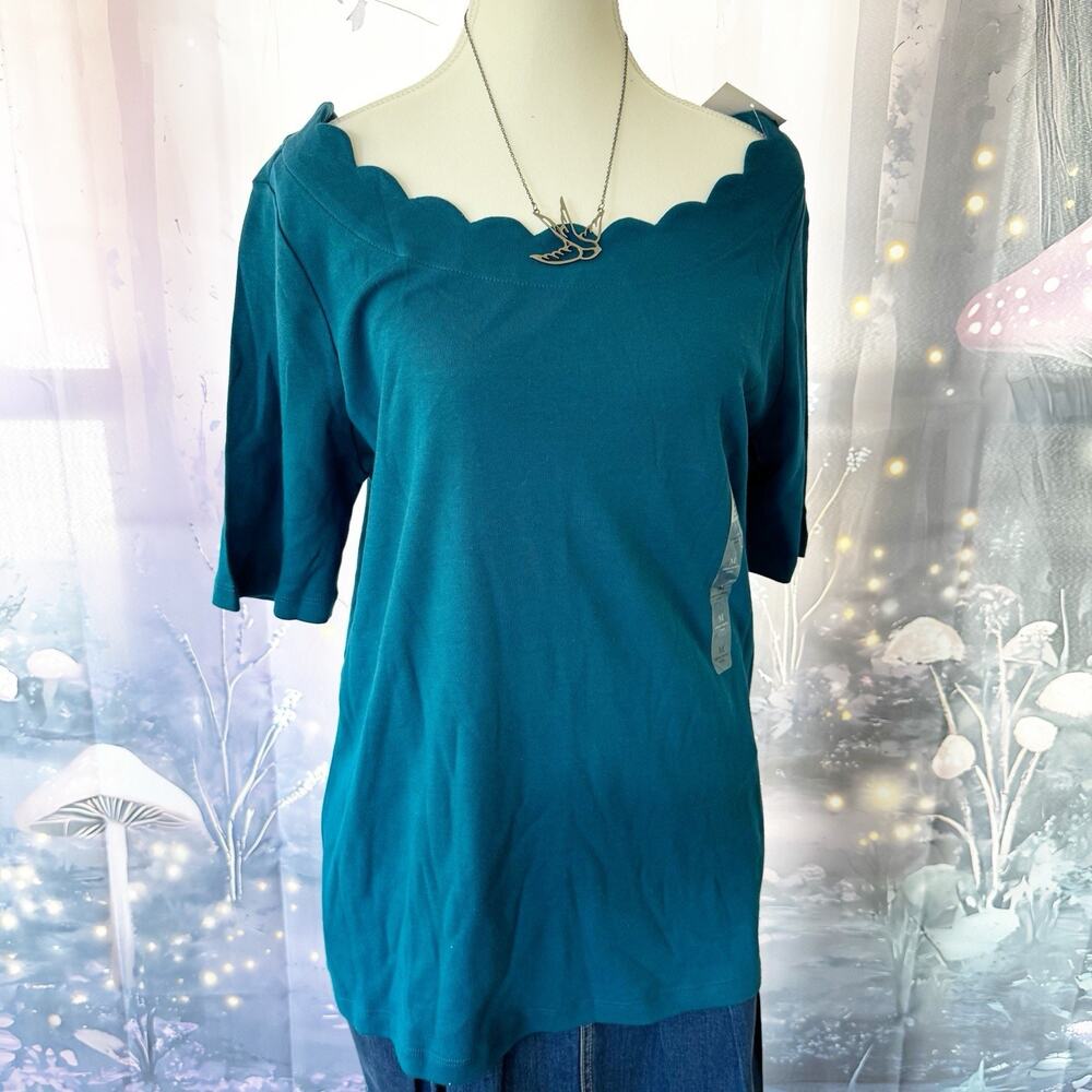 NEW Kim Rogers Top Medium Teal Scalloped Perfectly Soft 100% Cotton Blouse Elbow